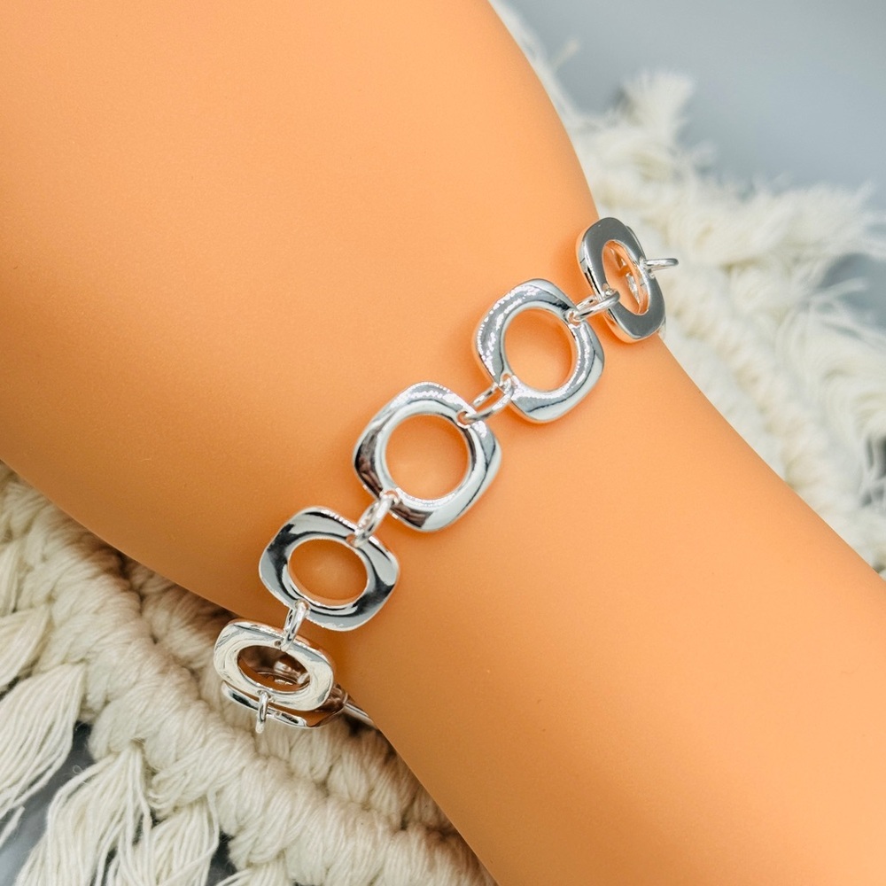 925 Sterling Silver Round Ring Charm Chain Bracelet - Picture 3 of 8